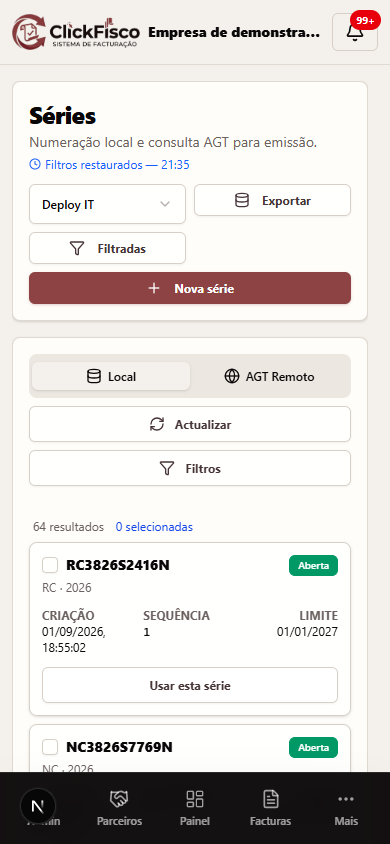 Captura real da área Séries de Numeração do ClickFisco