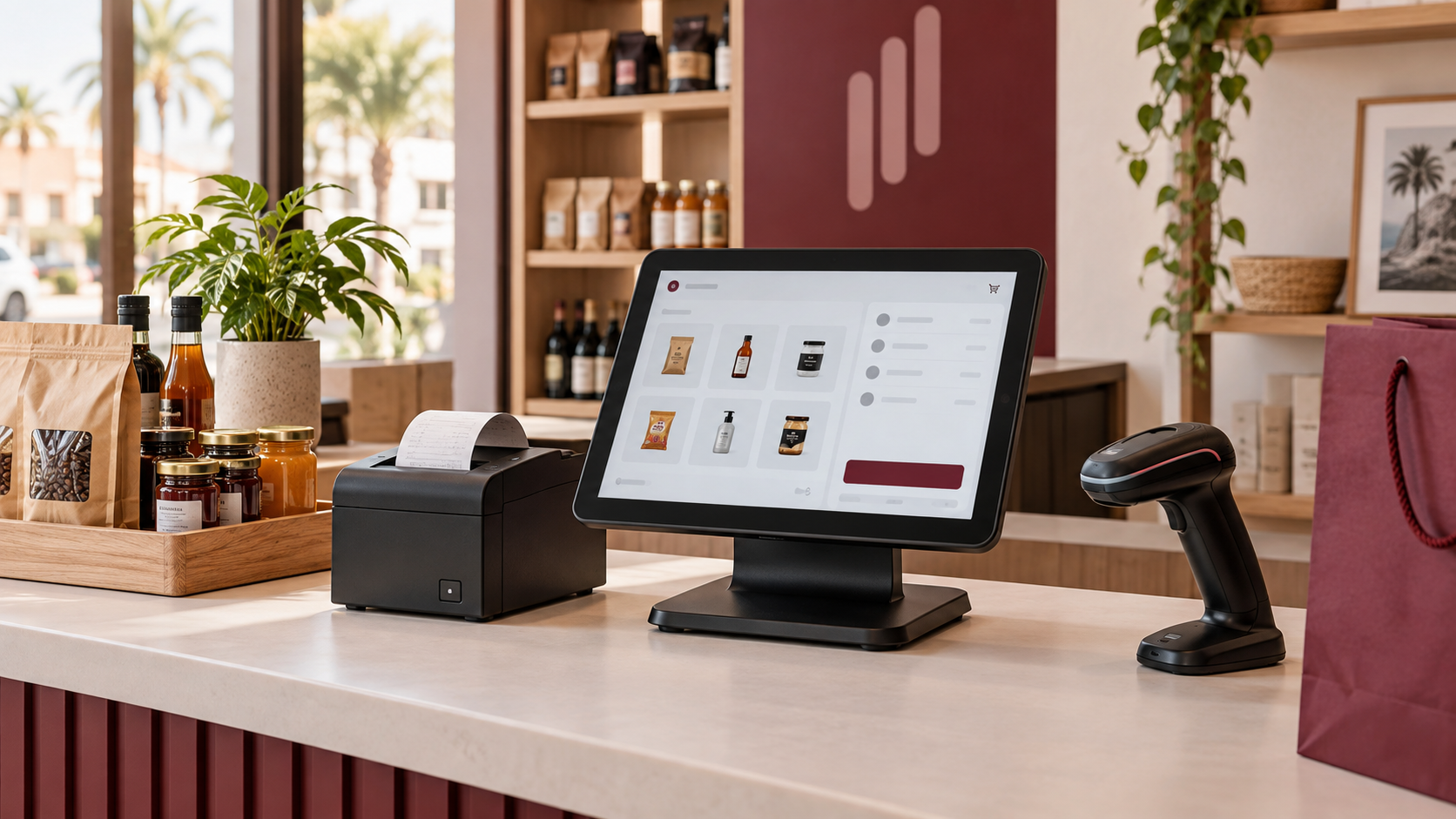 ClickFisco POS numa loja com terminal, leitor e impressora